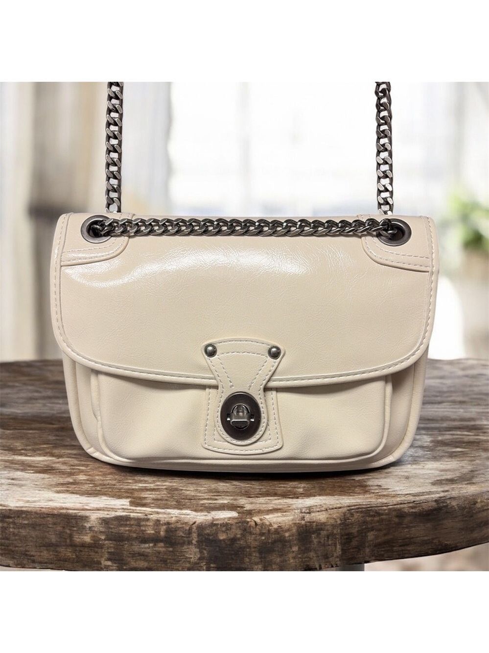 Billie Veromoa Elegant Off White Vegan Leather Satchel Bag with Silver Chain - Picture 3 of 8